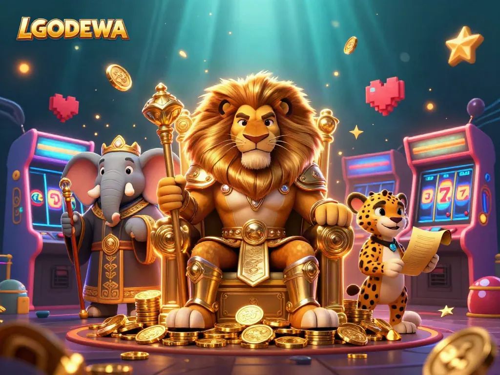 Experience thrilling gameplay with LGODEWA's captivating casino elements in a vibrant 3D illustration.
