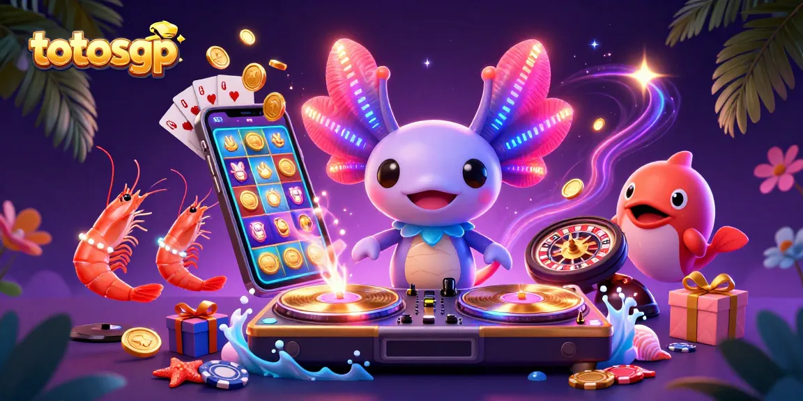 Totosgp showcases vibrant 3D casino scene with axolotl DJ, shrimp dancers, and high-energy gaming elements