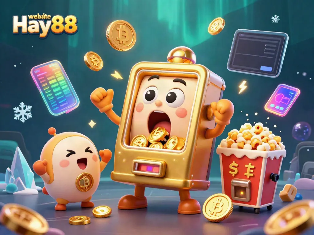 Experience the excitement of the website Hay88 with a cartoon slot machine celebrating a jackpot while surrounded by vibrant crypto coins.