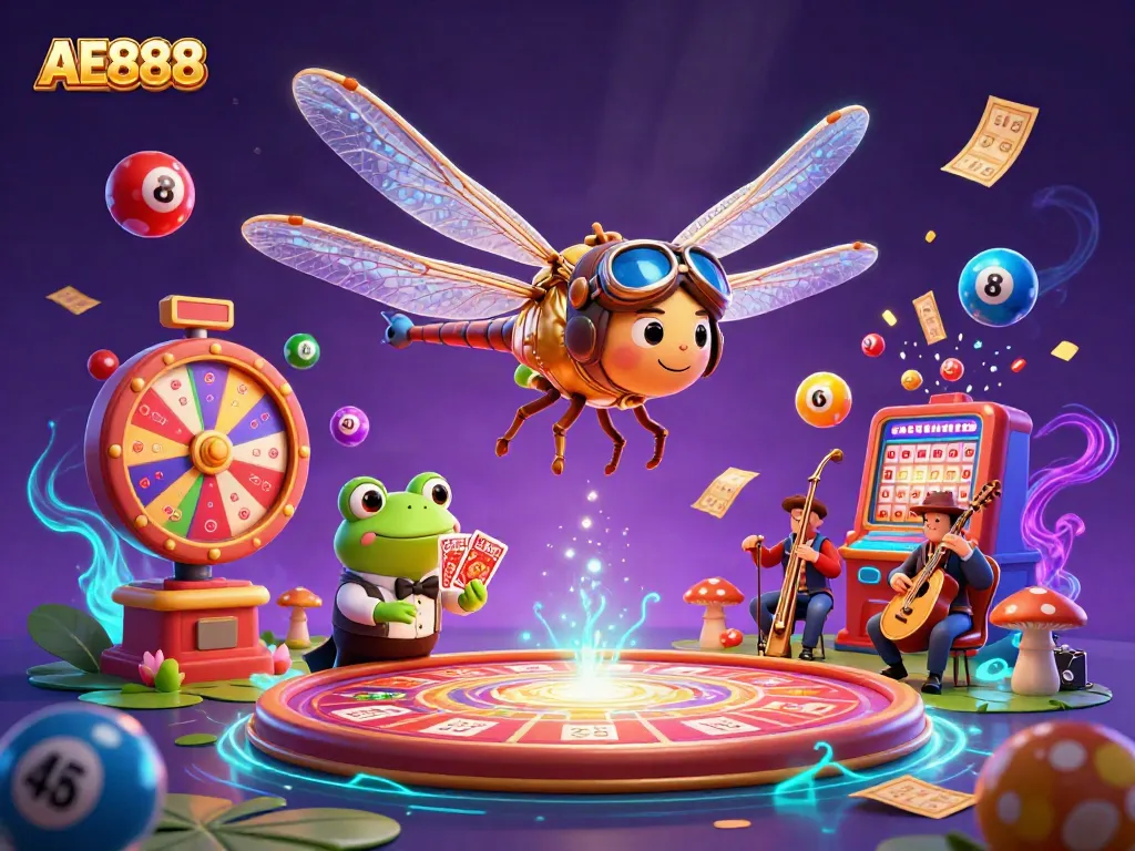 Engage in thrilling gameplay at AE888 with a vibrant casino scene featuring colorful elements and lively characters.