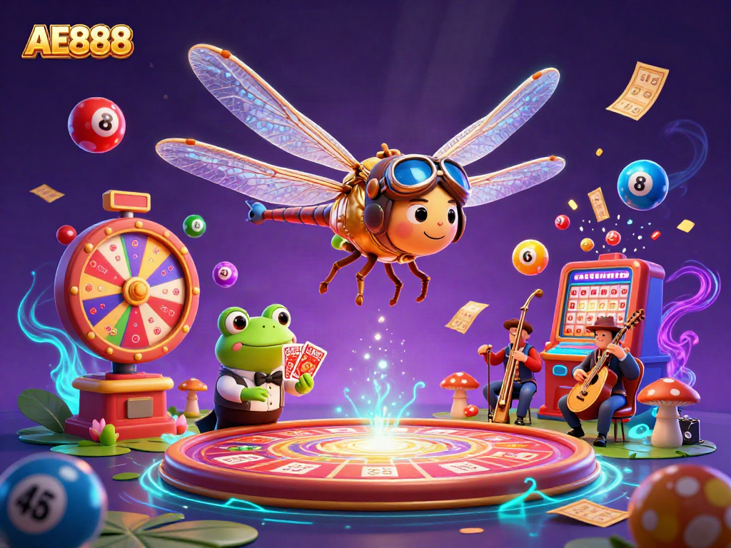 Engage in thrilling gameplay at AE888 with a vibrant casino scene featuring colorful elements and lively characters.