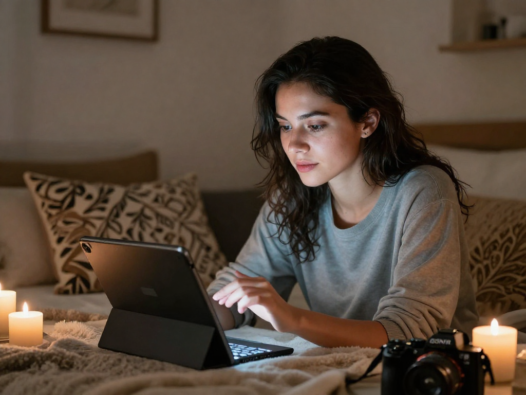 Engaging in an ai porn chat on a tablet in a cozy bedroom setting.
