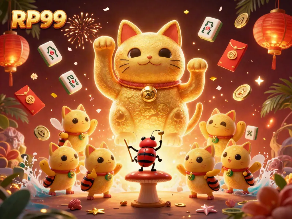 Experience the excitement of RP99 with a vibrant illustration of a lucky cat and casino symbols.