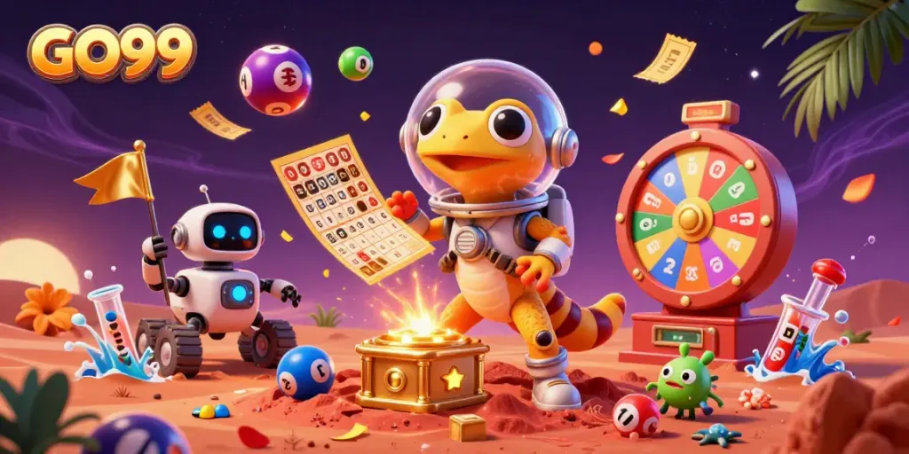 Unleash your excitement with GO99's vibrant Martian casino adventure featuring golden games and lively bursts of colors.