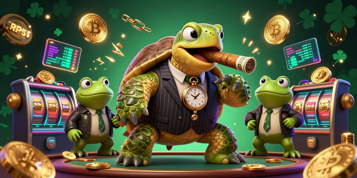 Experience thrilling gaming action with RP55 as a massive turtle runs a casino surrounded by crypto coins.