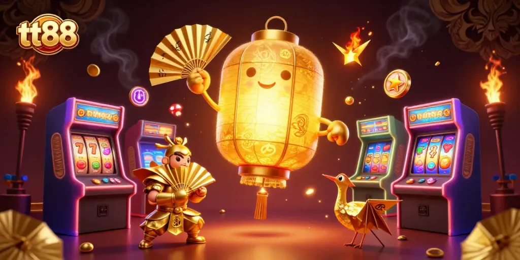 Win big at tt88 with a glowing golden lantern spirit above a vibrant casino scene filled with game elements.