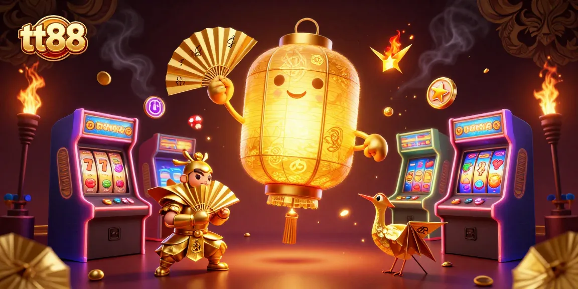 Win big at tt88 with a glowing golden lantern spirit above a vibrant casino scene filled with game elements.