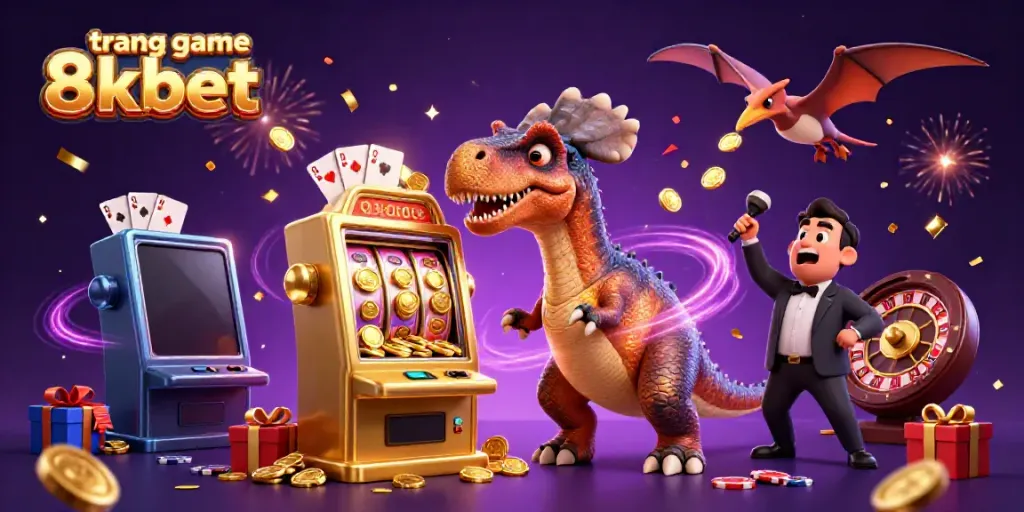 Experience the thrill of trang game 8kbet with a vibrant scene of a pachycephalosaurus activating a jackpot, surrounded by casino excitement.