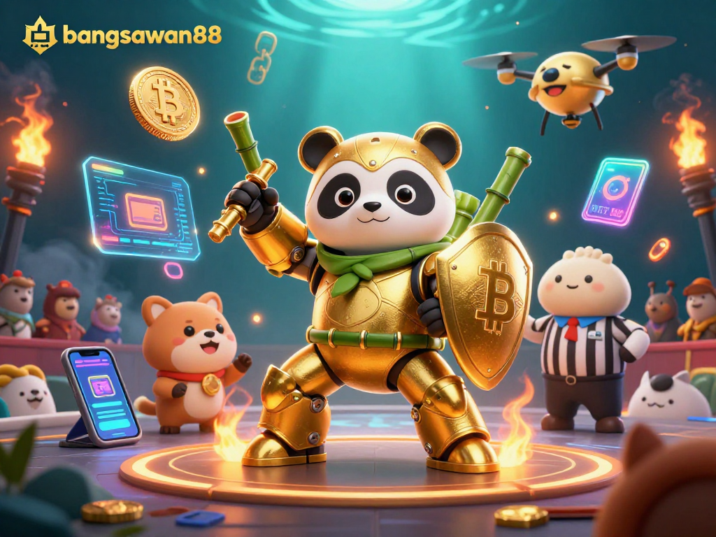 Bangsawan88 showcases an energetic scene with a mech-suit panda in a dynamic casino arena packed with cryptocurrency elements.
