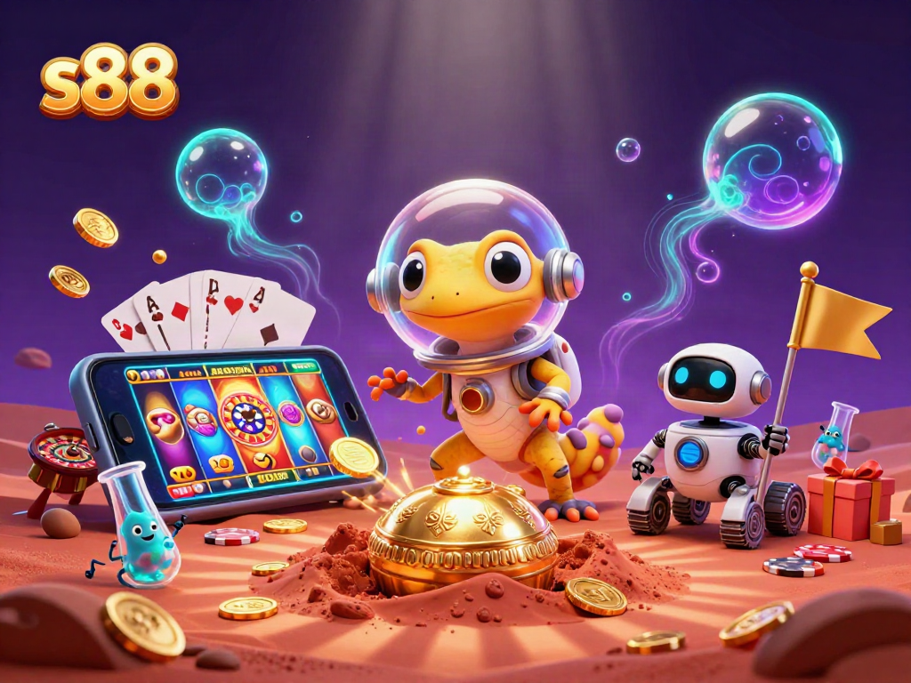 Engage with s88 casino adventures featuring playful Martian gecko alongside gaming elements and excitement.