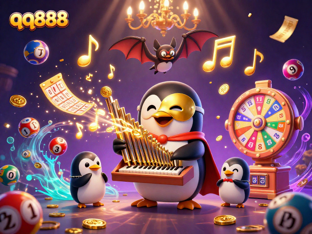 Experience the thrill of qq888 with a vibrant casino-themed illustration featuring a penguin and dynamic game elements.