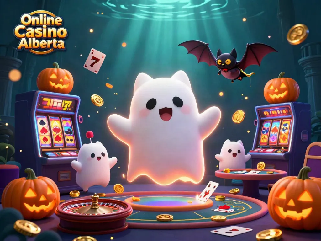 Play games at Online Casino Alberta with a fun ghost cat, vampire bat, and poker-themed jack-o-lanterns.