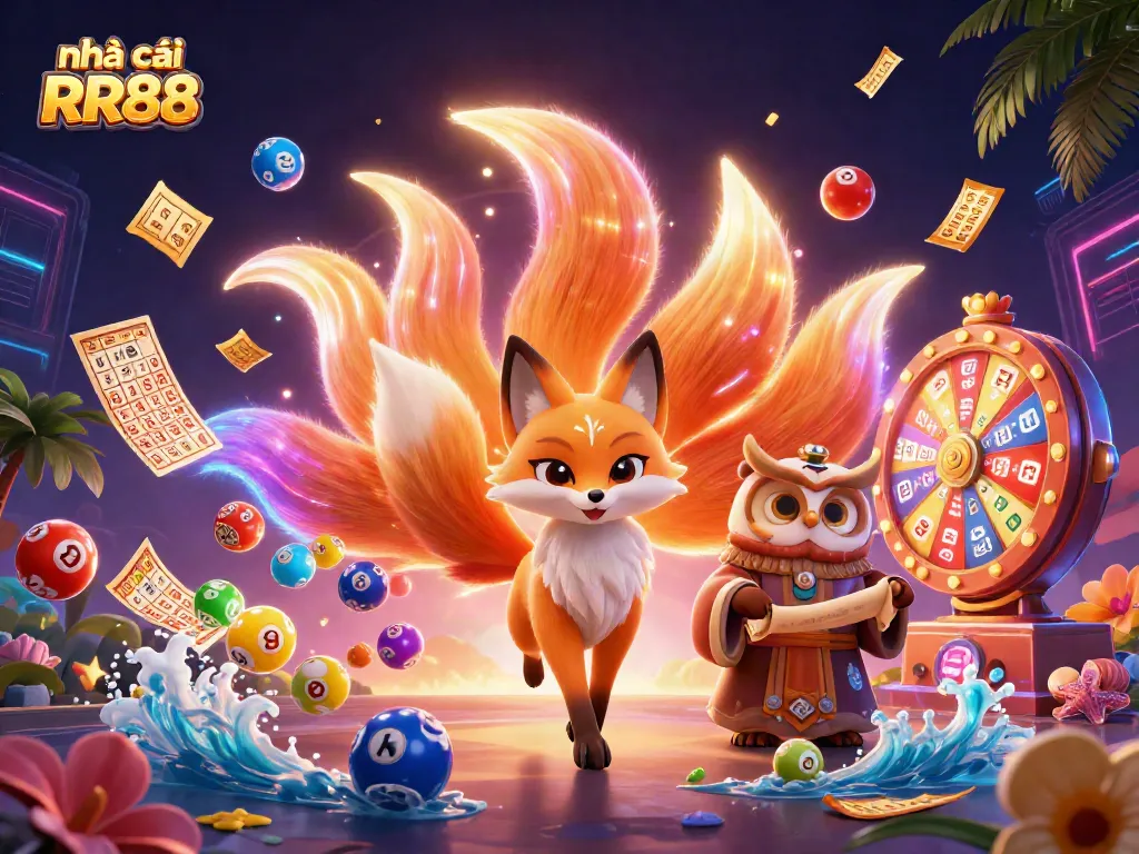 Experience the excitement of nhà cái RR88 with vibrant lottery balls and engaging casino scenes.