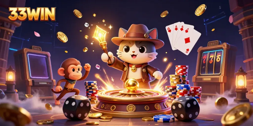 Experience the thrill of 33WIN with a dynamic treasure hunt scene in a casino temple.