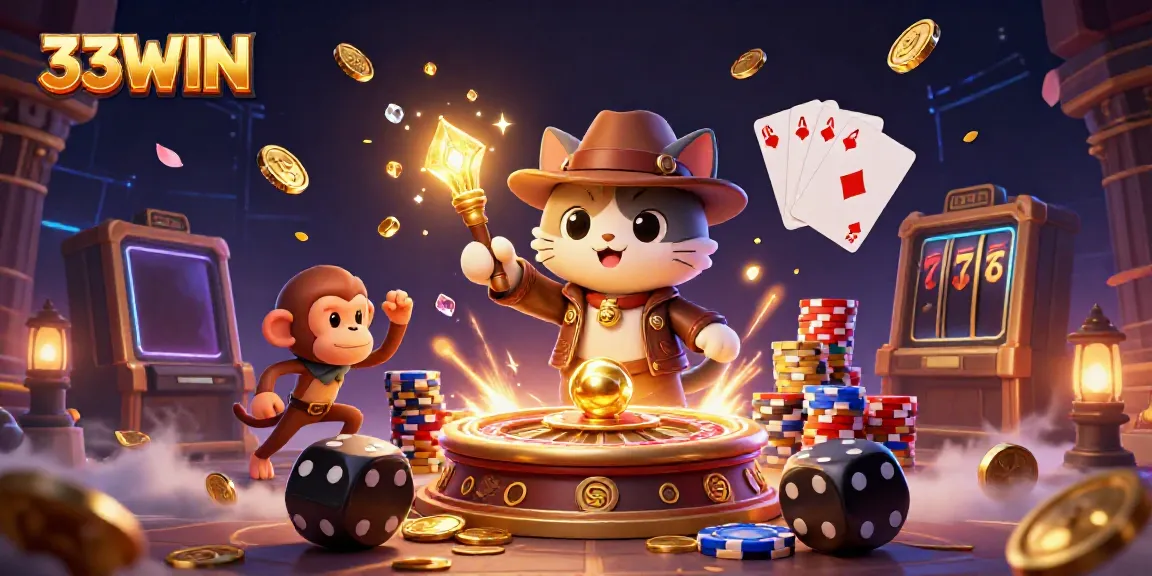 Experience the thrill of 33WIN with a dynamic treasure hunt scene in a casino temple.