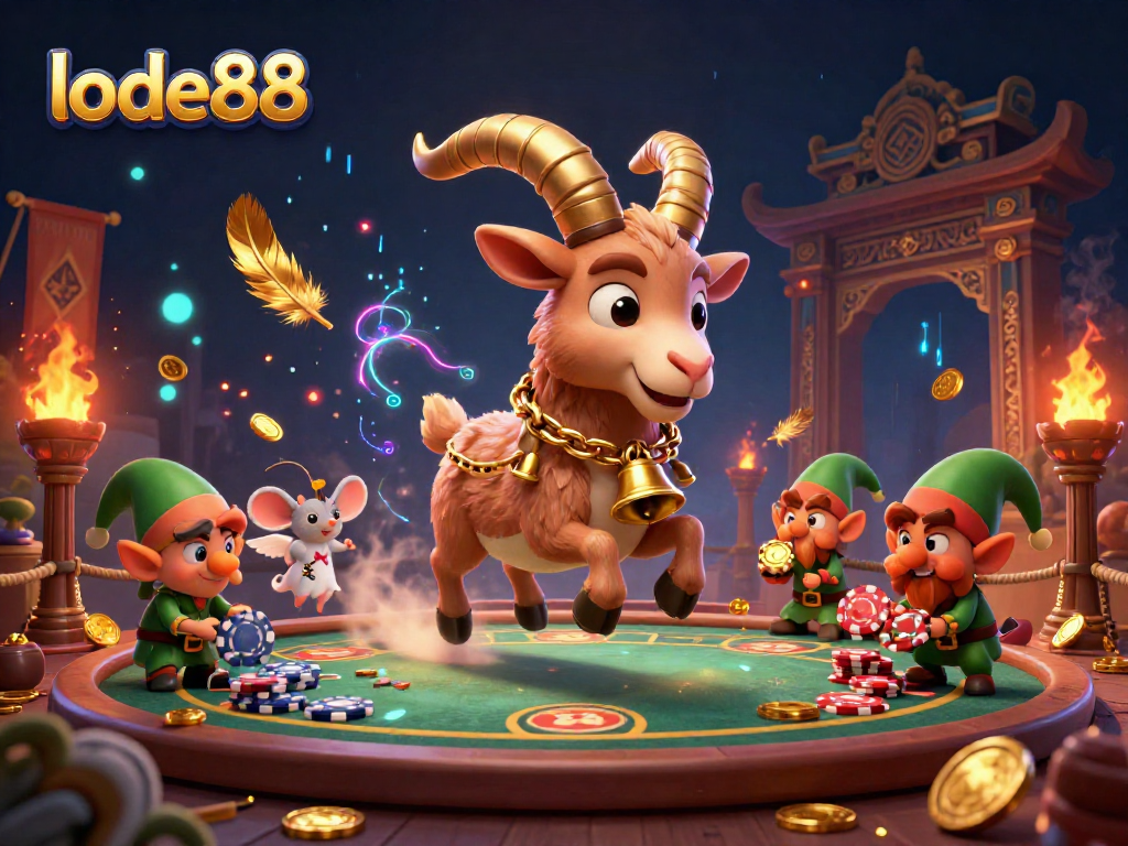 Engage players at lode88 with a chaotic yet vibrant casino scene featuring Krampus, angel mouse, and mischievous gremlins.