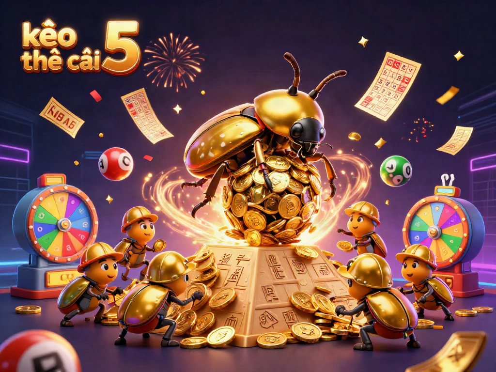 Experience kèo nhà cái 5 with a vibrant illustration of lucky beetles rolling gold coins and dynamic lottery elements.