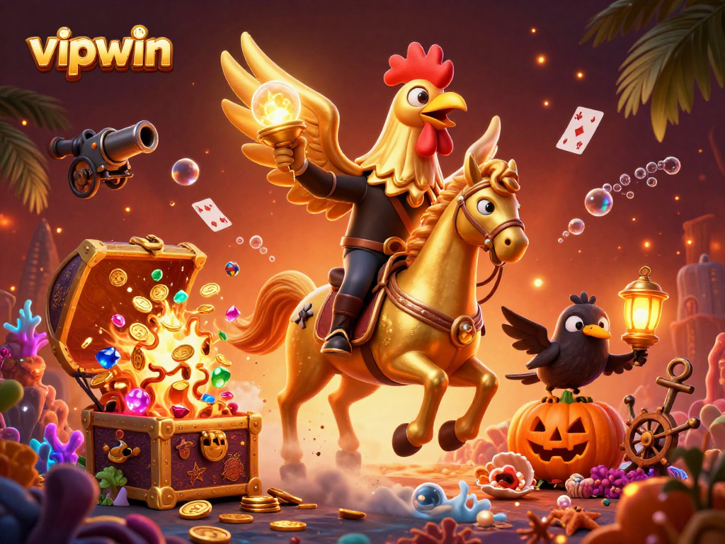 Experience the thrill of vipwin with vibrant casino adventures featuring a golden rooster and spectral horse.