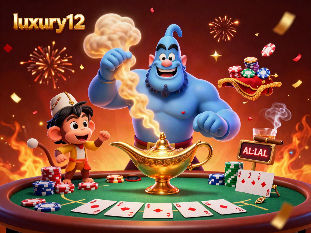 Experience luxury12 with a dynamic 3D scene of a genie, poker chips, and celebratory elements.