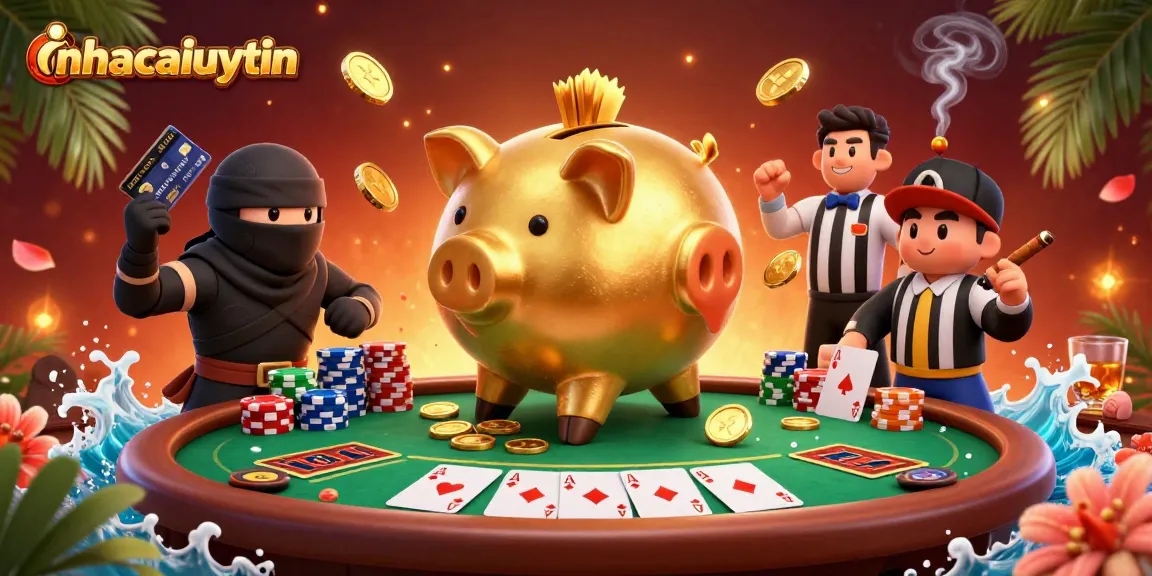 Experience thrilling action as the golden piggy bank sumo wrestler reigns supreme in this nhacaiuytin casino battle illustration.
