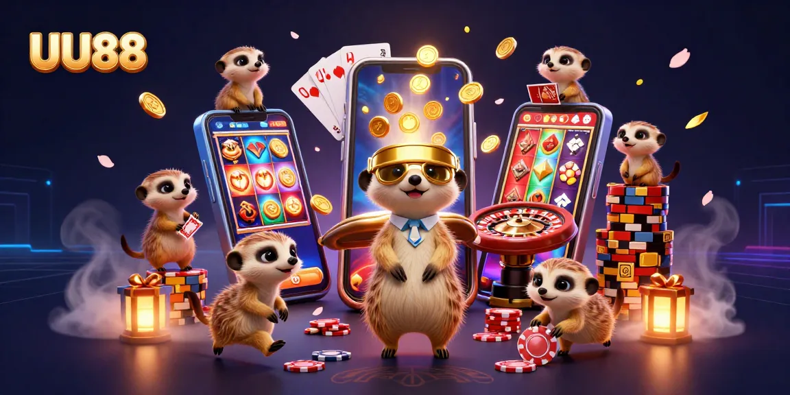 Engage with UU88's thrilling casino experience featuring meerkats managing games amidst vibrant action.