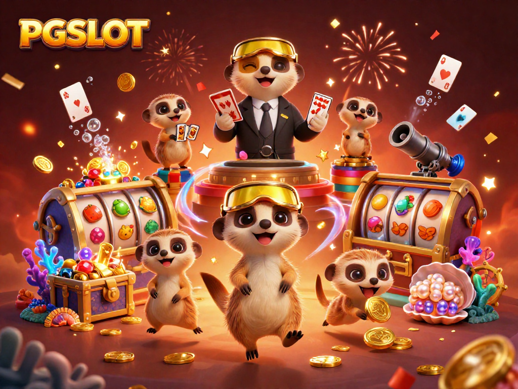 Experience PGSLOT excitement with meerkats running a casino, showcasing vibrant slots and treasure.
