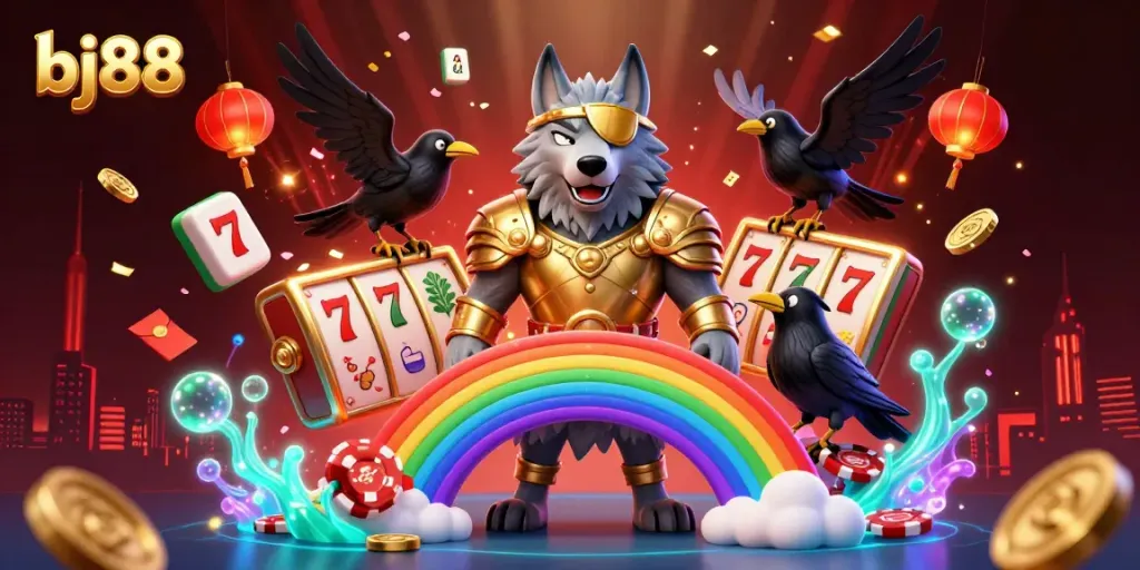 Experience thrilling gaming with bj88 in a vibrant scene filled with Norse mythology and casino elements.