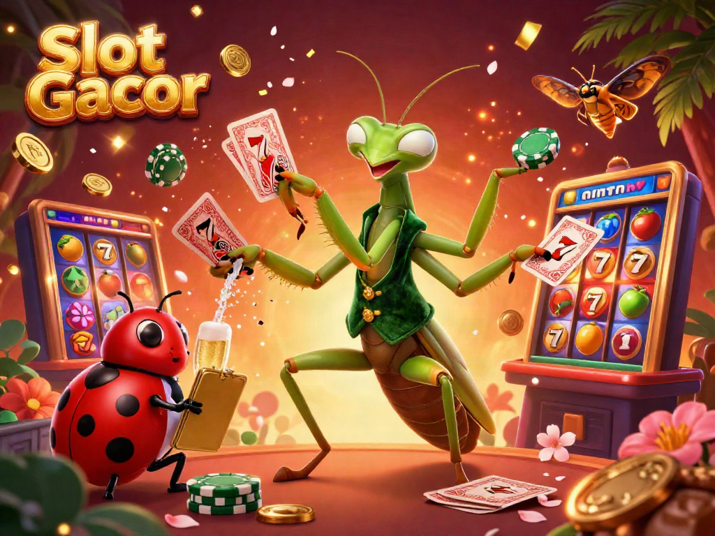 Experience thrilling Slot Gacor action as a giant praying mantis deals cards and splashes chips in an immersive casino scene.