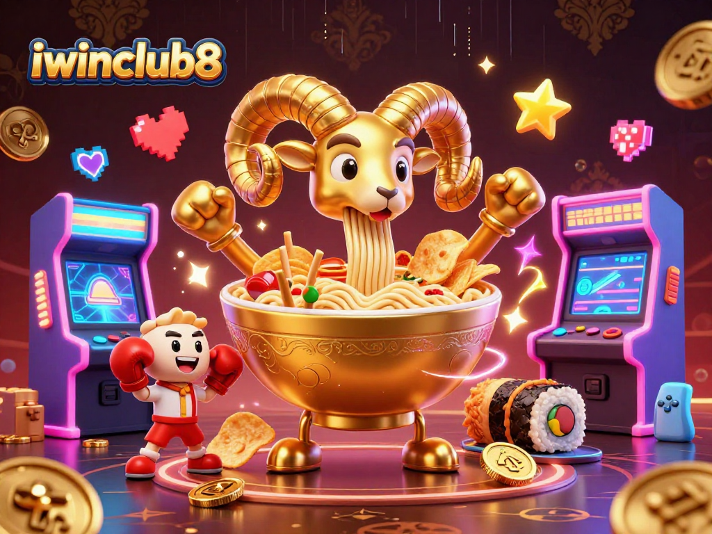 Engage in the vibrant world of iwinclub8 with energetic characters and casino elements in a colorful 3D scene.