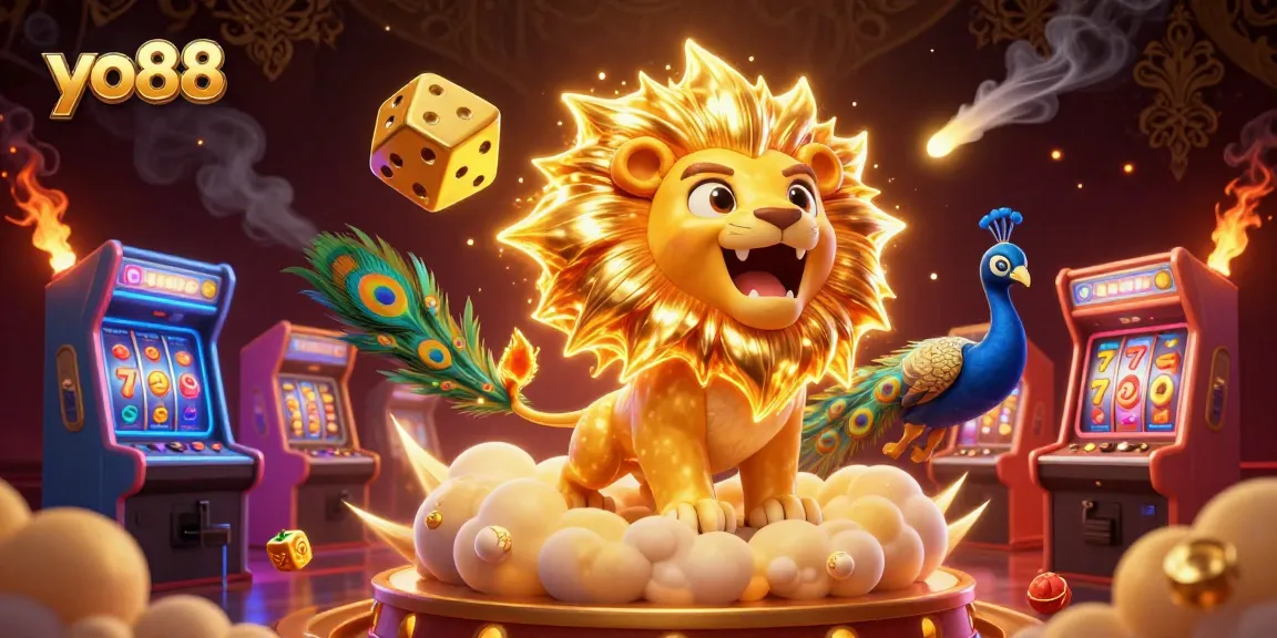 Experience thrilling gameplay with yo88 as golden dice tumble and slot symbols shine in a vibrant casino adventure.
