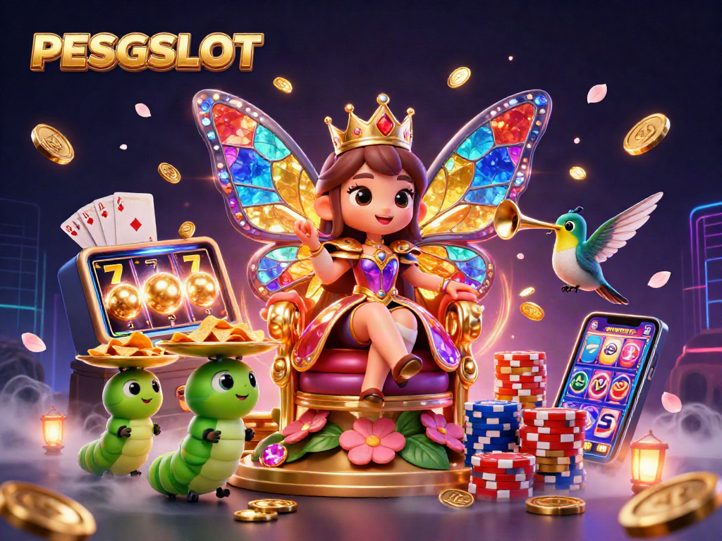 PESGSLOT highlights a magical scene with vibrant characters in a rich casino atmosphere of slot machines and poker chips.