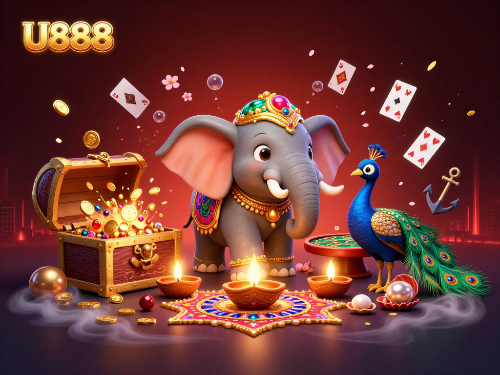 Engage in the U888 casino experience with vibrant visuals featuring an elephant, peacock, and casino elements.