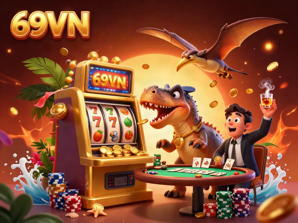 Experience the excitement of 69VN with a cartoon dinosaur winning jackpots at a slot machine.