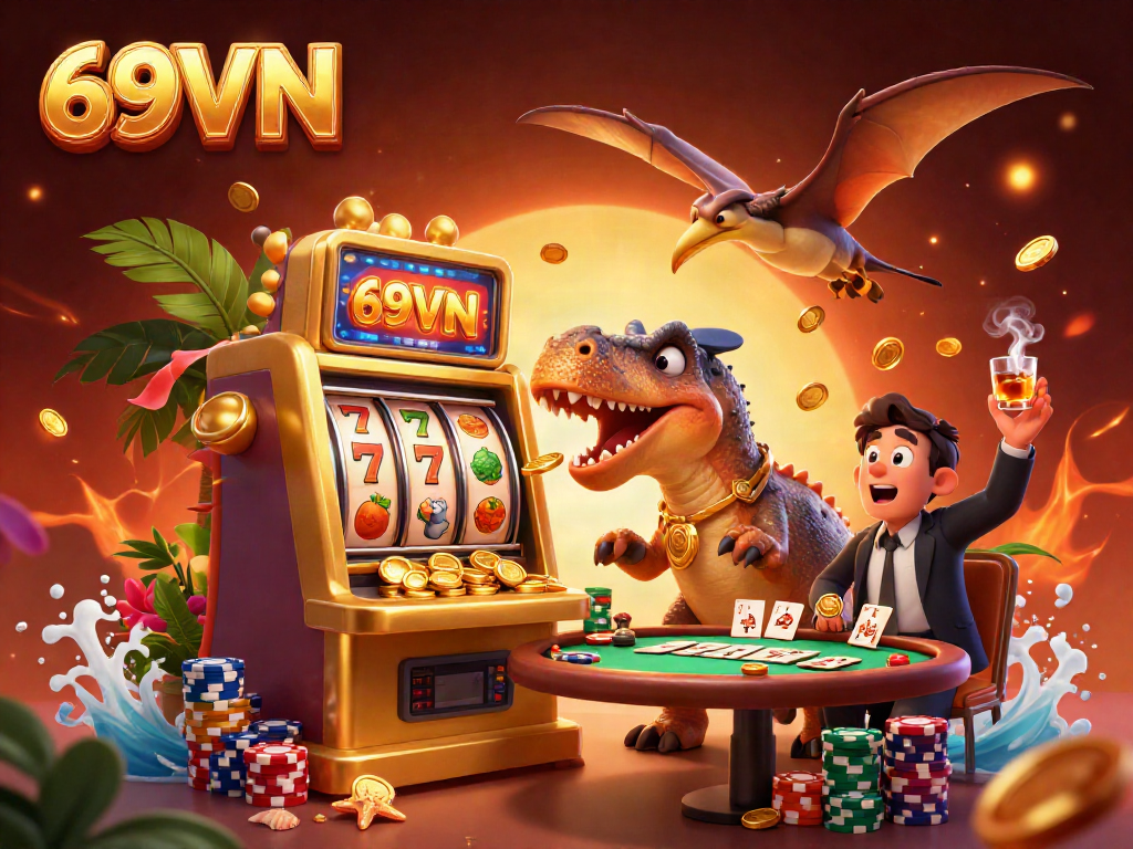 Experience the excitement of 69VN with a cartoon dinosaur winning jackpots at a slot machine.