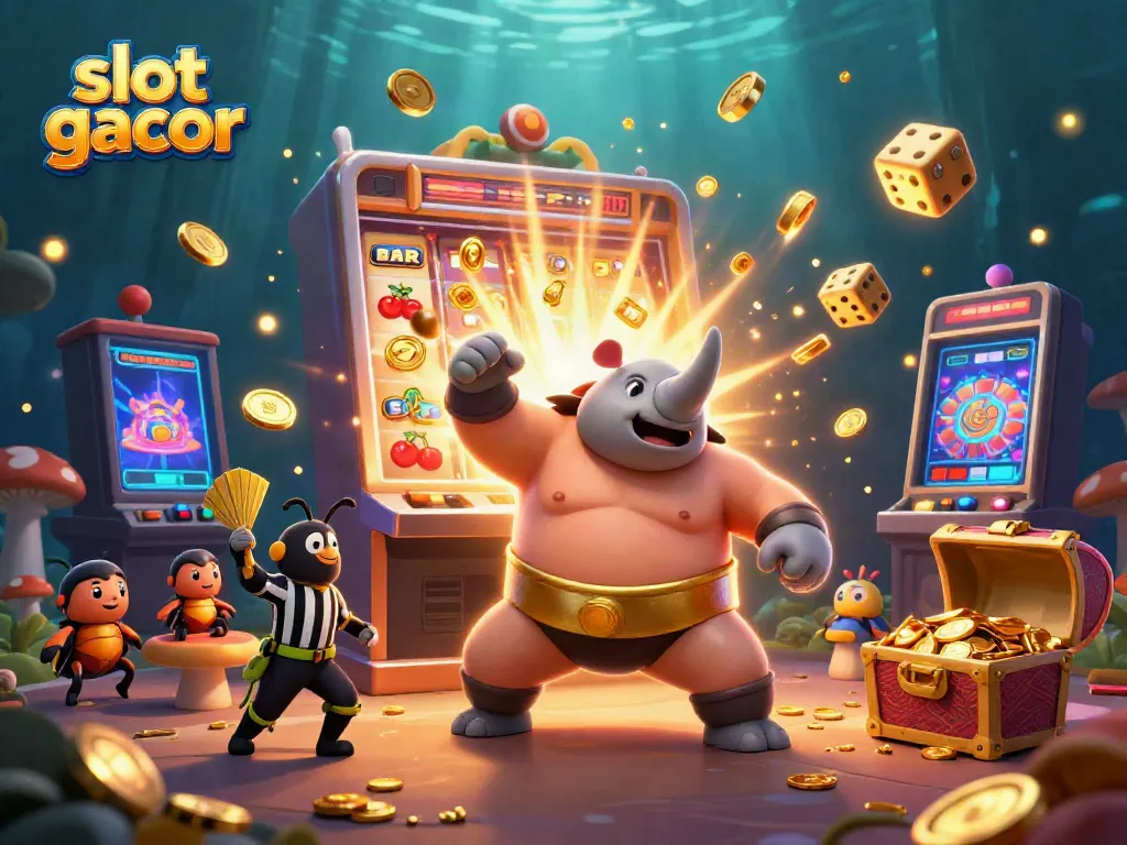 Experience slot gacor excitement with a vibrant 3D scene celebrating jackpots and colorful casino visuals.