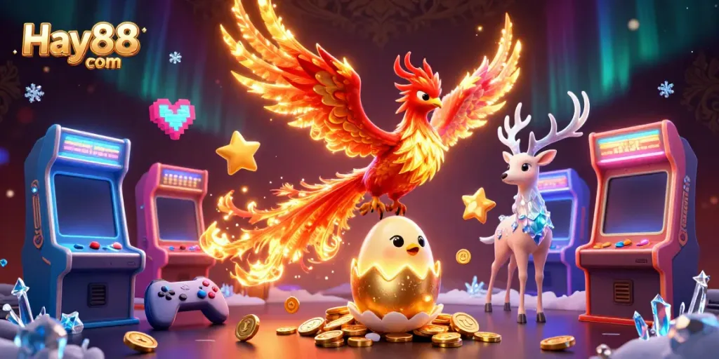 Engage with Hay88 com's vibrant 3D casino scene featuring a phoenix, game machines, and exciting elements.