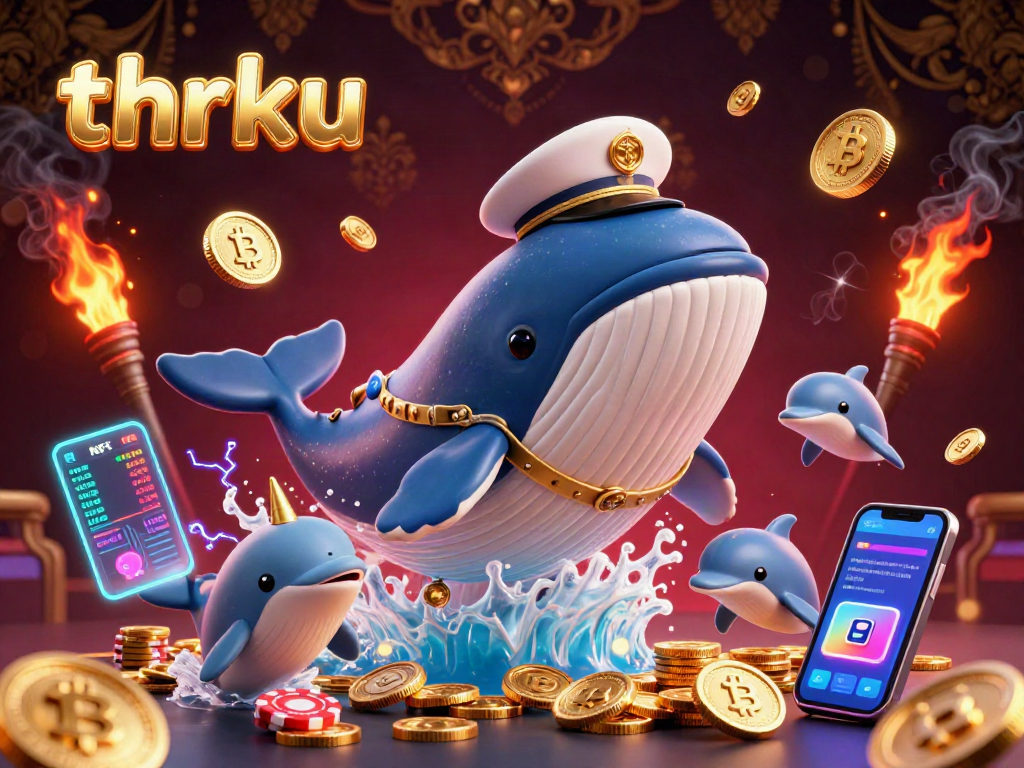Engage with thrilling gambling opportunities at thrku, featuring a giant whale amidst coins, crypto elements, and playful dolphins.