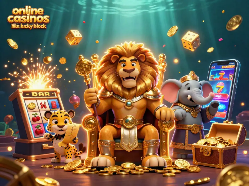 Engage with online casinos like Lucky Block, showcasing a vibrant 3D casino scene filled with excitement.