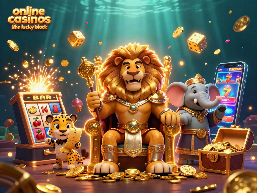 Engage with online casinos like Lucky Block, showcasing a vibrant 3D casino scene filled with excitement.