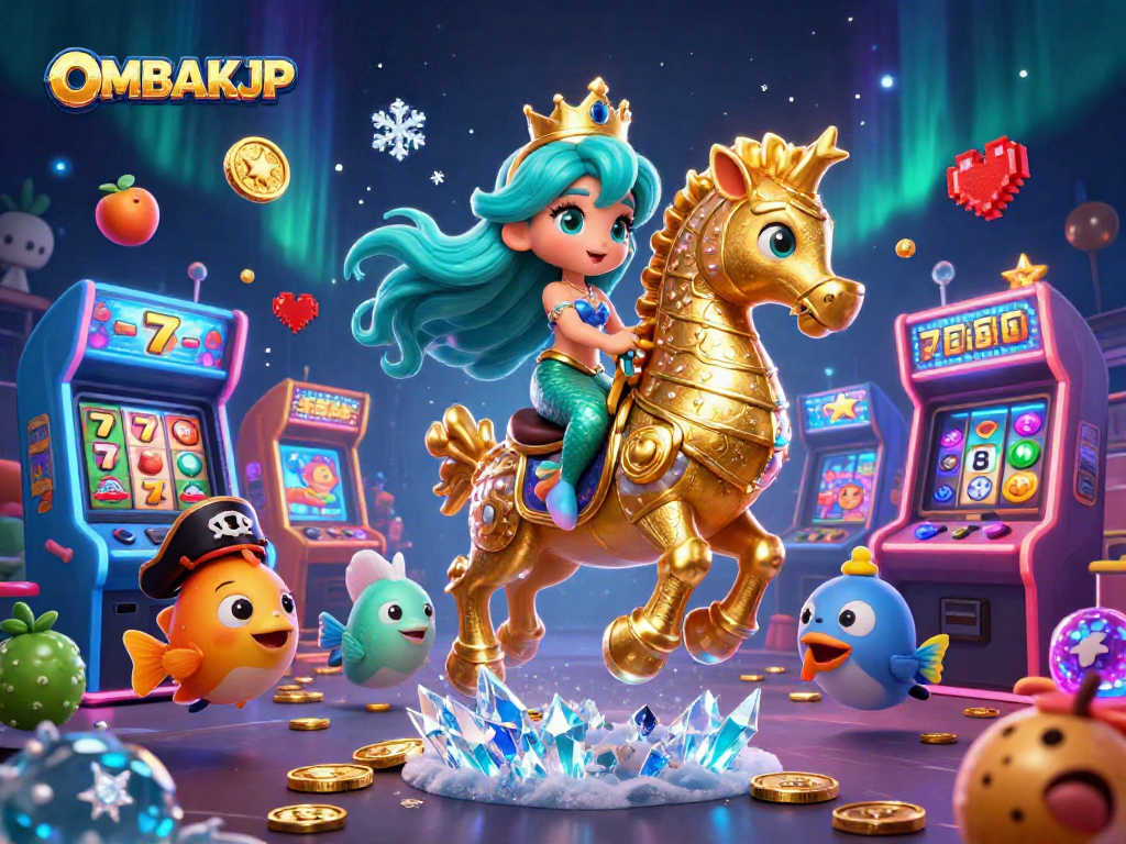 Join the adventure of OMBAKJP with mermaid and seahorse in a vibrant casino-themed illustration.