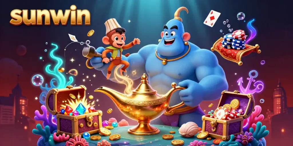 Engage in thrilling adventures at sunwin with a vibrant scene featuring a genie, poker chips, and underwater treasures.