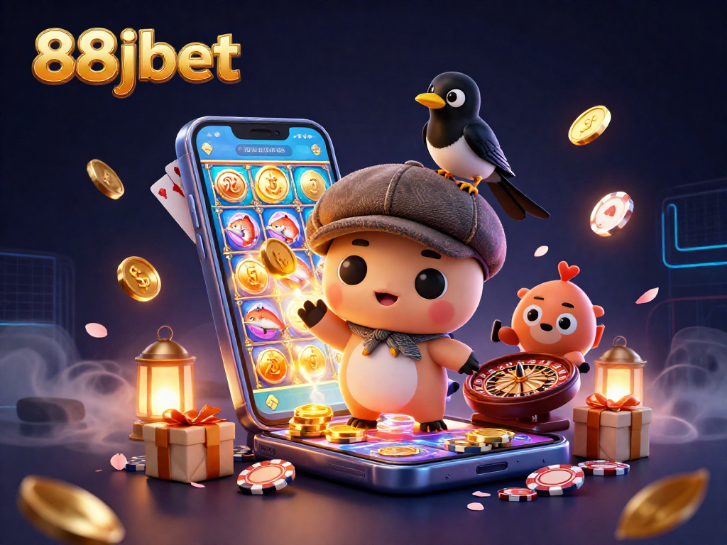 Engage with 88jbet's exciting casino vibes illustrated by Nessie and friends amidst dynamic game elements.