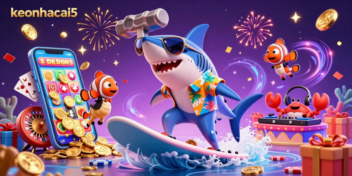 Experience thrilling gameplay at keonhacai5 with a vibrant scene of a shark surfing gold coins.