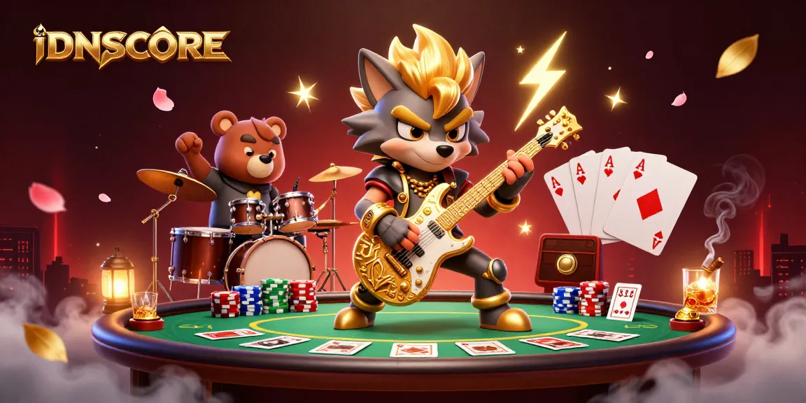 IDNSCORE encapsulates thrilling casino action with a rock star wolf and vibrant poker scene.