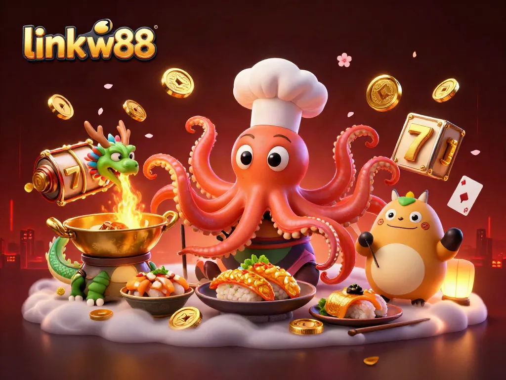 Engaging scene showcasing link w88 with a sushi chef octopus, dragon companion, and tanuki customer in a vibrant casino-themed setting.