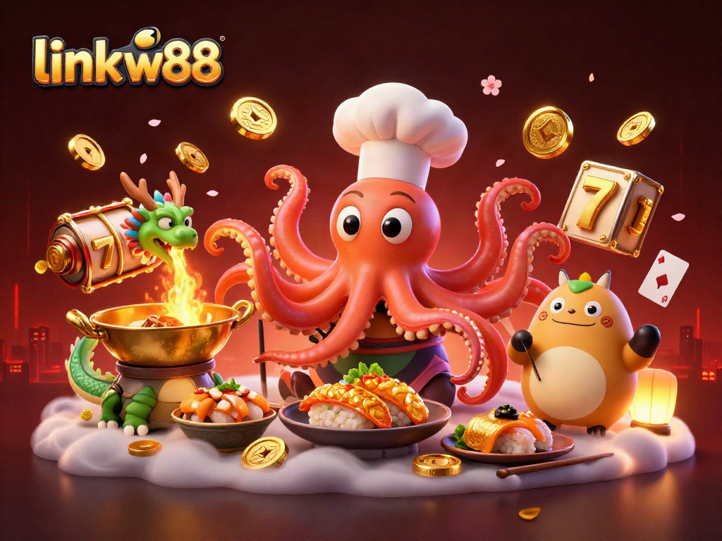 Engaging scene showcasing link w88 with a sushi chef octopus, dragon companion, and tanuki customer in a vibrant casino-themed setting.