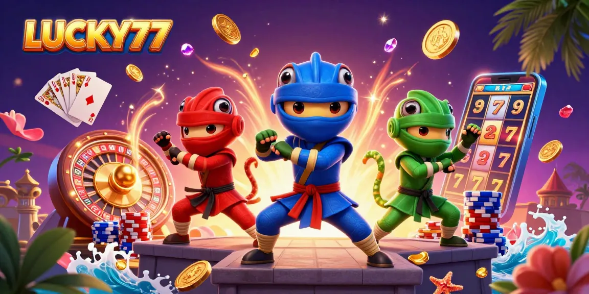 Experience winning with LUCKY77: a vibrant illustration of ninja chameleons amid casino excitement.