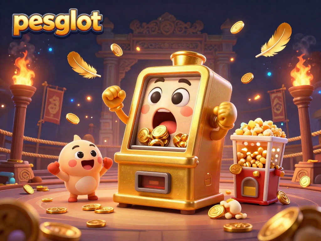 Experience the excitement of pesgslot as the golden slot machine hits a jackpot, coins spilling out.