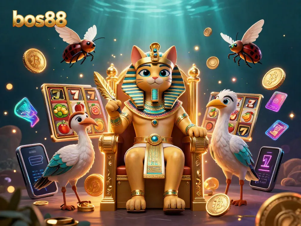 Experience vibrant gaming at bos88 with golden reel slots and Egyptian-themed characters.