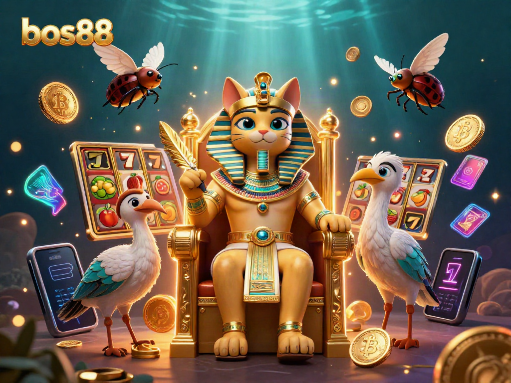 Experience vibrant gaming at bos88 with golden reel slots and Egyptian-themed characters.